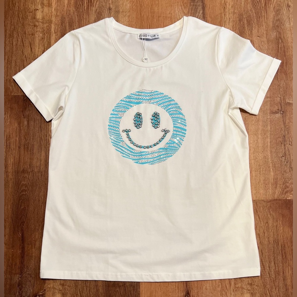 NWOT COCO Y‎ CLUB Rhinestone Smile Crew Neck Short Sleeve T-Shirt Size M